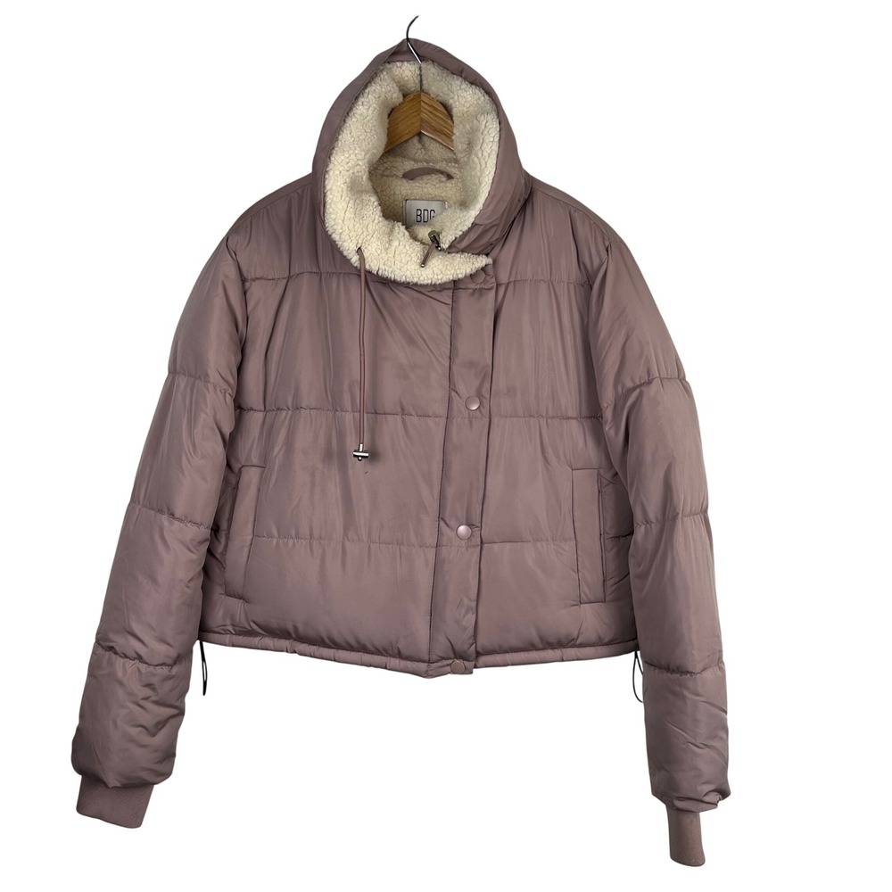 BDG Urban Outfitters Marlowe Mauve Puffer Jacket Sherpa Lined Blush Hood Cropped